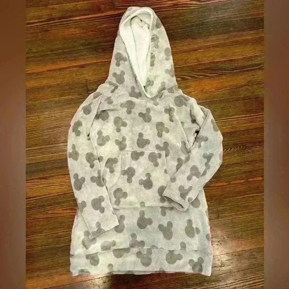 Disney Mickey Mouse Gray Hooded Fleece Lounge Pullover Sz Large